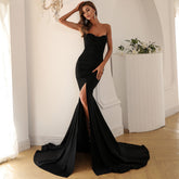 Strapless Mermaid Gown with Thigh-High Slit and Train Black