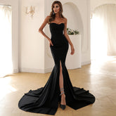 Strapless Mermaid Gown with Thigh-High Slit and Train Black