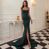 Strapless Mermaid Gown with Thigh-High Slit and Train Dark Green