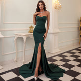 Strapless Mermaid Gown with Thigh-High Slit and Train Dark Green