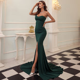 Strapless Mermaid Gown with Thigh-High Slit and Train Dark Green