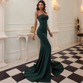 Strapless Mermaid Gown with Thigh-High Slit and Train Dark Green
