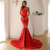 Strapless Mermaid Gown with Thigh-High Slit and Train Red