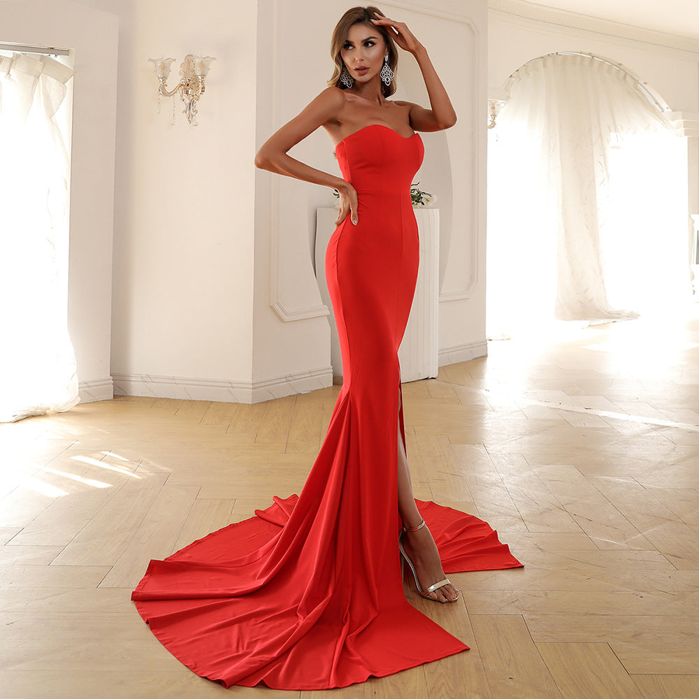 Strapless Mermaid Gown with Thigh-High Slit and Train Red