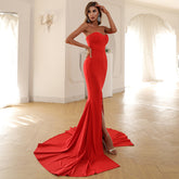Strapless Mermaid Gown with Thigh-High Slit and Train Red