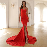 Strapless Mermaid Gown with Thigh-High Slit and Train Red