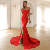 Strapless Mermaid Gown with Thigh-High Slit and Train Red