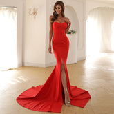 Strapless Mermaid Gown with Thigh-High Slit and Train Red