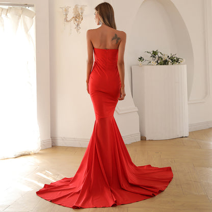 Strapless Mermaid Gown with Thigh-High Slit and Train Red