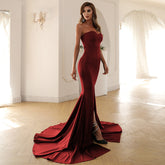 Strapless Mermaid Gown with Thigh-High Slit and Train Wine Red