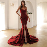 Strapless Mermaid Gown with Thigh-High Slit and Train Wine Red