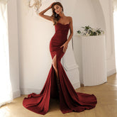 Strapless Mermaid Gown with Thigh-High Slit and Train Wine Red