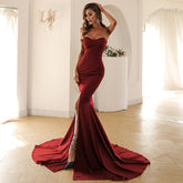 Strapless Mermaid Gown with Thigh-High Slit and Train Wine Red