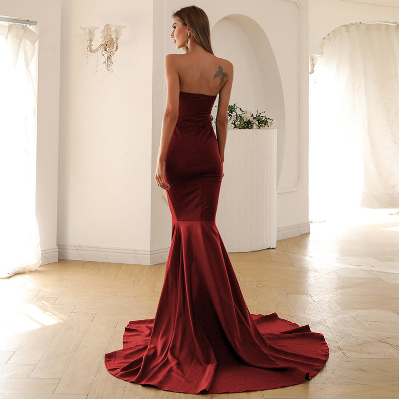 Strapless Mermaid Gown with Thigh-High Slit and Train Wine Red