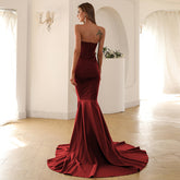 Strapless Mermaid Gown with Thigh-High Slit and Train Wine Red