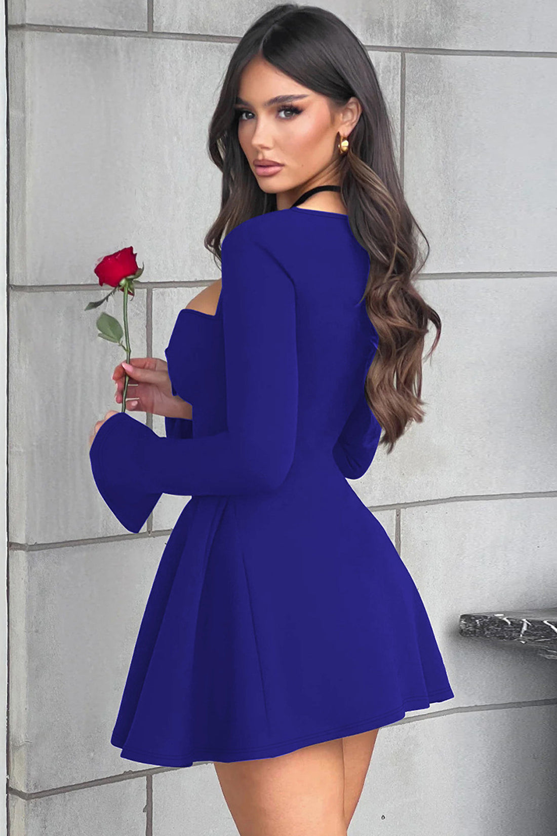 Sweetheart Long Sleeve Flared Mini Dress Navy