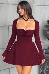 Sweetheart Long Sleeve Flared Mini Dress Wine Red