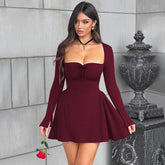 Sweetheart Long Sleeve Flared Mini Dress Wine Red