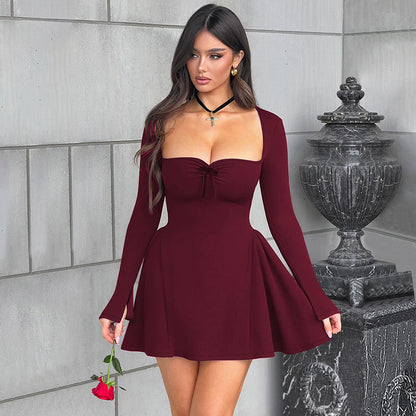 Sweetheart Long Sleeve Flared Mini Dress Wine Red