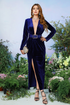 Velvet Long Sleeve Belted Gown Royal Blue