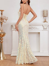 Back view of the Apricot Sleeveless Multicolor Sequins Suspender Mermaid Dress, featuring the open-back design with adjustable suspender straps.
