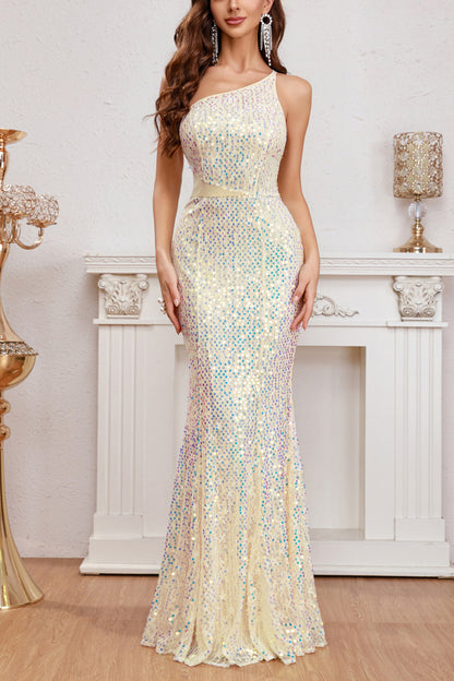 Front view of the Apricot Sleeveless Multicolor Sequins Suspender Mermaid Dress, showcasing the elegant mermaid silhouette and shimmering sequins.