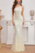 Front view of the Apricot Sleeveless Multicolor Sequins Suspender Mermaid Dress, showcasing the elegant mermaid silhouette and shimmering sequins.
