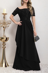 Front view of the Yedda black short sleeve embroidered lace spliced A-line dress, showcasing the elegant lace detailing and pleated skirt.