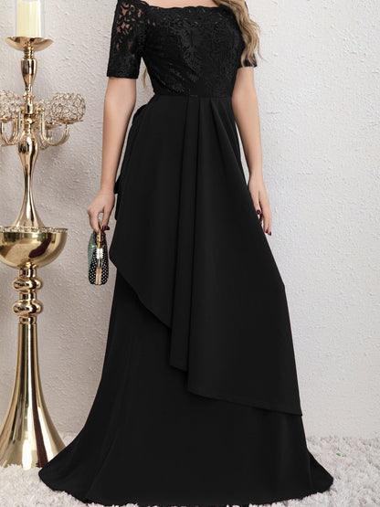 Close-up detail view of the Yedda black short sleeve embroidered lace spliced A-line dress, showcasing intricate lace embroidery and fine craftsmanship.