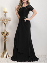 Side view of the Yedda black short sleeve embroidered lace spliced A-line dress, highlighting the flattering A-line silhouette and flowing pleated skirt.
