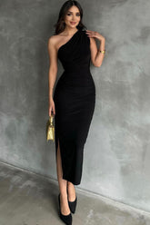 Front view of the Black Sleeveless One Shoulder Slit Stretch Midi Dress, showcasing its elegant one-shoulder design and flattering fit.
