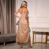 Back view of a champagne A-line dress featuring a backless design, sleeveless style, and sequin embellishments for a glamorous look.