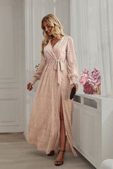 Close-up detail view of Champagne Long Sleeve Rhinestone Mesh Maxi Dress highlighting rhinestone embellishments and mesh fabric.