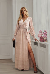 Front view of Champagne Long Sleeve Rhinestone Mesh Maxi Dress with waistband and shimmering rhinestone details.