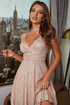 Front view of Champagne Pleated Sequined Cross Suspender Midi Dress featuring sleeveless and backless design with shimmering sequins.