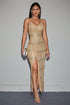 Front view of a stunning gold sequined backless suspender maxi dress, featuring shimmering sequins that catch the light, sleeveless design, and a flattering silhouette.