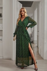 Side view of Green Long Sleeve Rhinestone Mesh Maxi Dress showcasing the side slit and elegant fit.