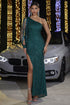 Front view of the Green One-Shoulder Hollow Sleeve High Slit Sequins Maxi Dress showcasing its elegant design and shimmering sequins.