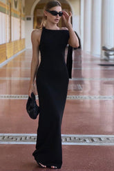 leek One-Shoulder Maxi Dress with Draped Bow Accent Black