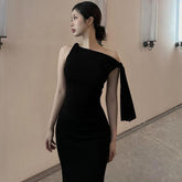 leek One-Shoulder Maxi Dress with Draped Bow Accent Black