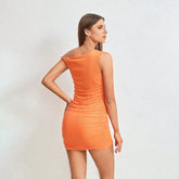 Back view of the Orange Sleeveless One-Shoulder Sprinkle Silver Wrap Mini Dress, highlighting the sleek and elegant silhouette.