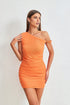Front view of the Orange Sleeveless One-Shoulder Sprinkle Silver Wrap Mini Dress, featuring a ruched design and shimmering silver accents, perfect for parties and weddings.