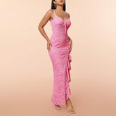 A side view of the pink lace dress showcasing the elegant silhouette and the adjustable suspenders. The dress&