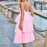 Back view of the Pink Mesh Spliced Suspender Tutu Dress highlighting its backless design and elegant mesh layers.