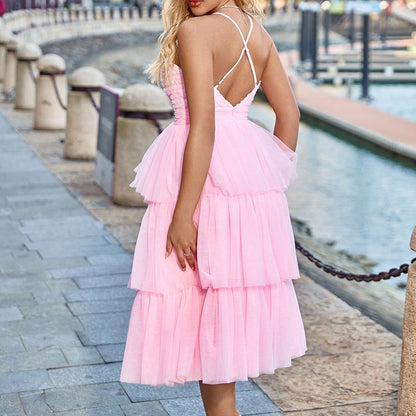 Back view of the Pink Mesh Spliced Suspender Tutu Dress highlighting its backless design and elegant mesh layers.