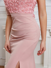 Close-up detail view of the Pink One Shoulder Embroidered Splicing Mermaid Dress showing exquisite floral embroidery and high-quality fabric craftsmanship.