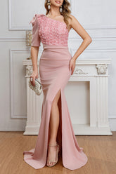 Front view of the Pink One Shoulder Embroidered Splicing Mermaid Dress featuring an asymmetrical sleeveless and short sleeve design, perfect for weddings, parties, and banquets.