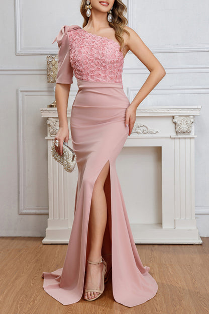 Front view of the Pink One Shoulder Embroidered Splicing Mermaid Dress featuring an asymmetrical sleeveless and short sleeve design, perfect for weddings, parties, and banquets.