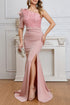 Front view of the Pink One Shoulder Embroidered Splicing Mermaid Dress featuring an asymmetrical sleeveless and short sleeve design, perfect for weddings, parties, and banquets.