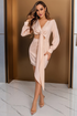 Front view of the Pink Satin V-Neck Tie Mini Dress featuring long sleeves, a flattering tie detail, and an elegant irregular hemline.